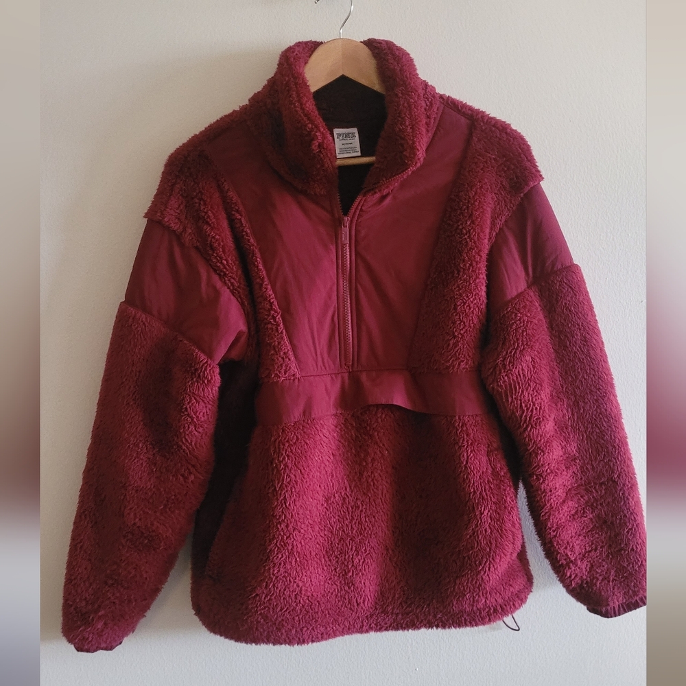 PINK oversized 1/2 zip plush sherpa pullover jacket Women's M wine color